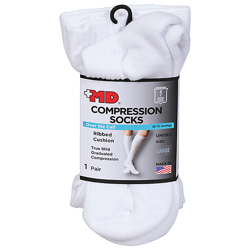 +MD Large Unisex  Ribbed Cushion White Over The Calf Compression 1Ea