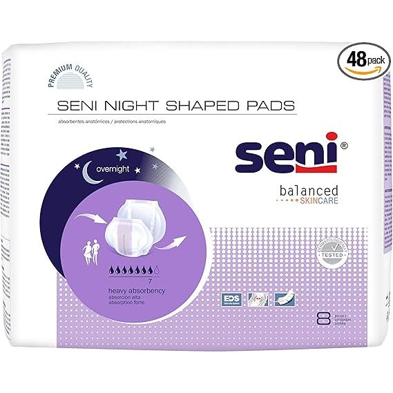 Seni Night Shaped Pads, Heavy/Overnight Absorbency, Case of 48 (6 Packs of 8)